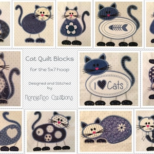 Puede incluir: Un collage de 10 bloques de colcha de gato diferentes, cada uno con un diseño único. Los bloques son todos azules y blancos y presentan varios diseños, incluidos corazones, peces, flores y estrellas. El texto "Cat Quilt Blocks for the 5x7 hoop Designed and Stitched by Nonnienoo Creations" se muestra en el centro del collage.