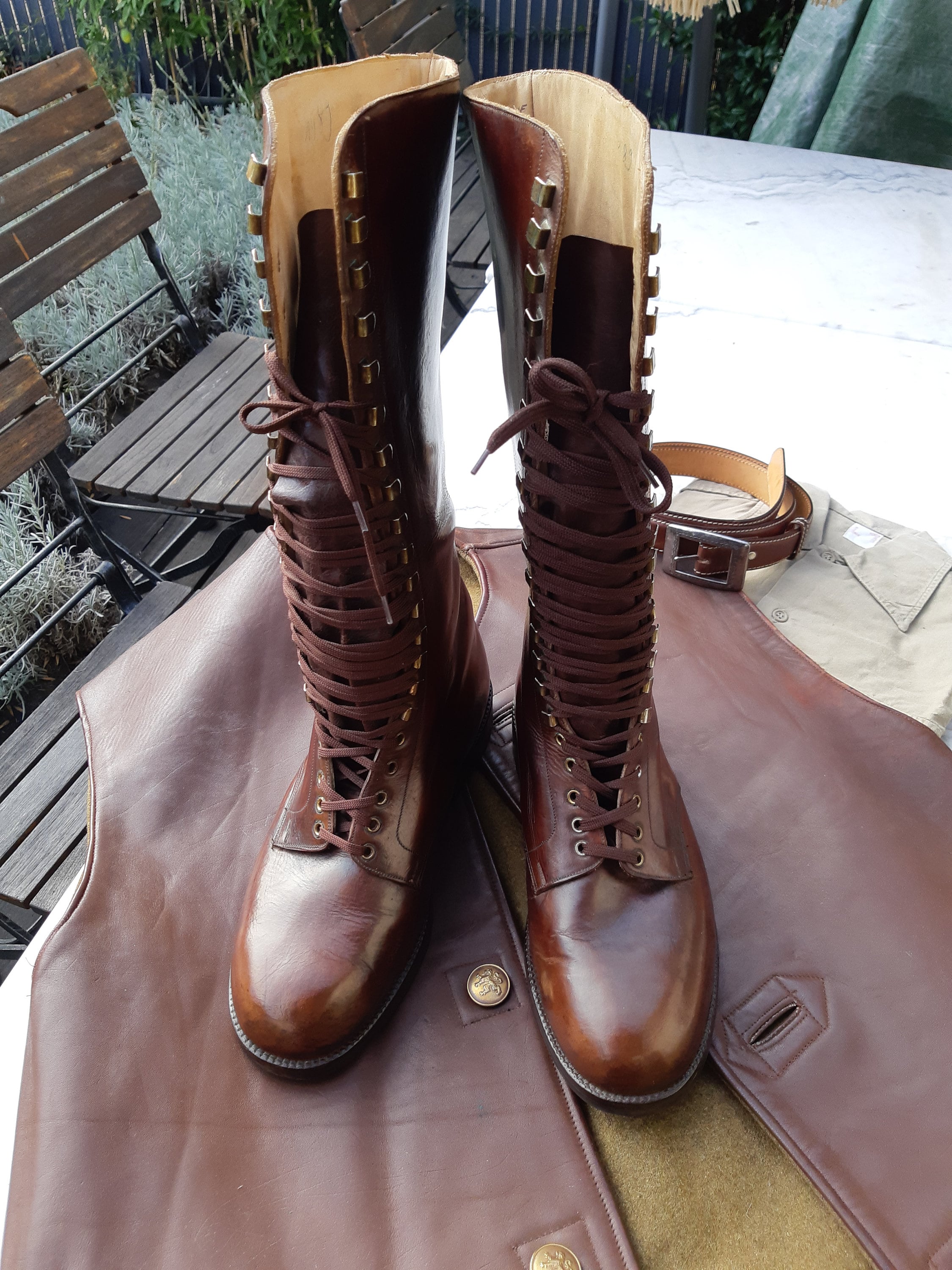 Brown Leather Officer Boots Aviator High Laced Motorbike 1930s style,  handmade fully lined heavyweight high quality, thick soles