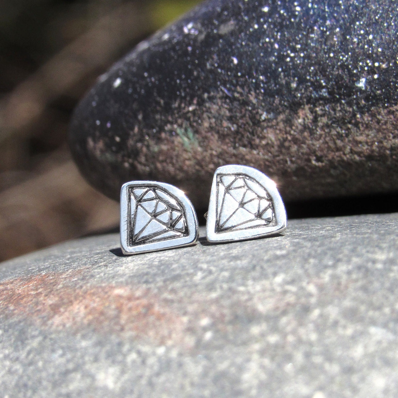 Diamond Stamp Earrings Handmade Stud Earrings Solid Sterling Etsy