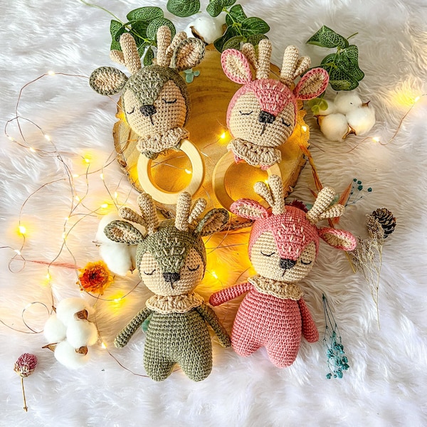 Joli modèle au crochet cerf amigurumi, jouet animal au crochet et anneau de dentition PDF tutoriel, ensemble de jouets favorisant le sommeil pour les bébés câlins