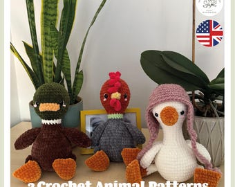 No-Sew Plush Farm Animals Crochet Pattern Bundle, No Sew Amigurumi Pattern, No Sew Animal Patterns, Goose, Rooster, Marlland Duck