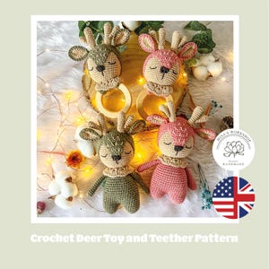 Modello all'uncinetto per un simpatico cervo amigurumi, tutorial PDF per giocattoli e massaggiagengive a forma di animale all'uncinetto, set di giocattoli adatti al sonno per coccolare i bambini
