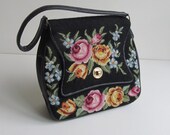 vintage embroided tapestry needlepoint purse, black 1950s floral petit point handbag