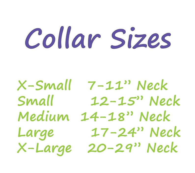 May include: A chart showing collar sizes for pets, with neck measurements in inches. The sizes are: X-Small (7-11 inches), Small (12-15 inches), Medium (14-18 inches), Large (17-24 inches), and X-Large (20-29 inches).