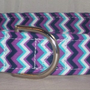 May include: Purple, white, and navy blue chevron patterned dog collar with a silver buckle.