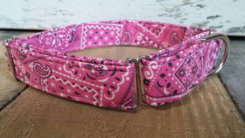 May include: Pink and black bandana print dog collar with a silver buckle.
