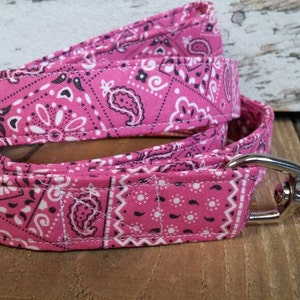 May include: Pink dog leash with a bandana print and a silver hook.