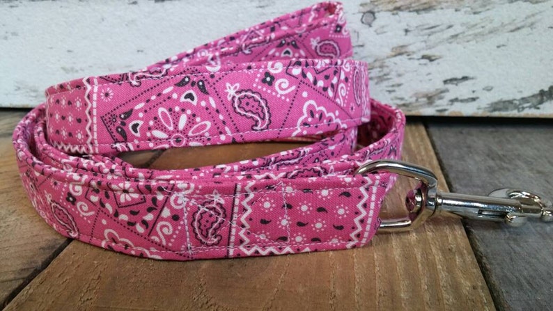May include: Pink dog leash with a bandana print and a silver hook.