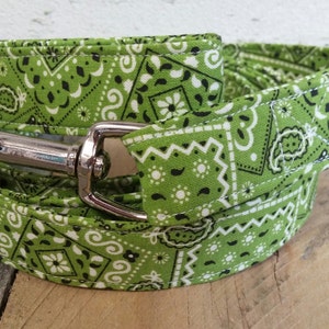 May include: Green and white bandana patterned dog leash with a silver clip.