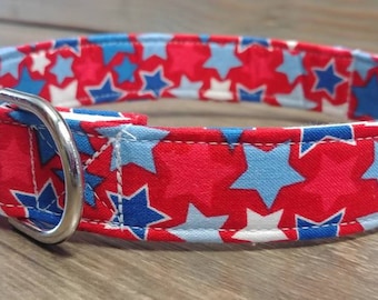 Patriotic dog collar, red with blue stars dog collar, patriotic Martingale collar,4th of July dog collar, red white, blue stars dog collar