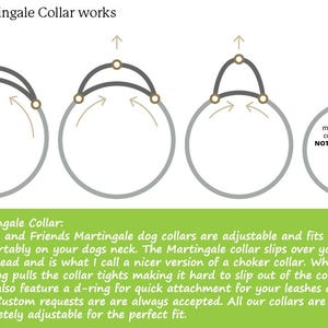 May include: Diagram showing how a Martingale dog collar works. The collar is adjustable and fits comfortably on a dog's neck. The collar tightens when the dog pulls, making it difficult to slip out. The collar features a D-ring for attaching a leash.