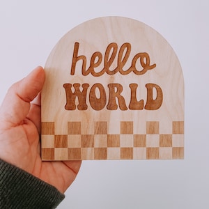 Retro Hello World Birth Announcement Sign, Birth Photo Prop, Newborn, Hospital Photos, Birth Photo Prop, Checkered Print, Baby Sign