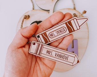 Personalized Teacher Gift, Laser Engraved Wooden Keychain, Teacher’s Name, Teacher Pencil, Crayon, Teacher Appreciation Day, Classroom