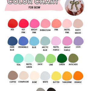 Op de afbeelding: Een kleurenkaart voor strikken, met een verscheidenheid aan kleuren, waaronder rood, roze, blauw, groen en neutrale tinten. De kaart bevat kleurnamen als "Bubblegum Pink", "Avocado" en "Tangerine". Een voorbeeldstrik is rechtsboven afgebeeld.