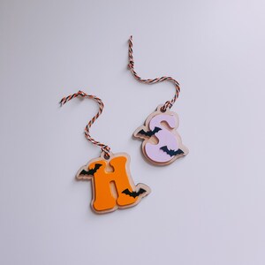 May include: Two wooden Halloween ornaments, one orange and one pink, shaped like the letters "H" and "S" with black bats on them. Each ornament has a string attached.