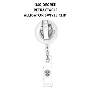 K&ouml;nnte beinhalten: Ein einziehbarer Ausweishalter aus transparentem Kunststoff mit einem um 360 Grad drehbaren Alligator-Clip. Der Text 360 DEGREE RETRACTABLE ALLIGATOR SWIVEL CLIP steht &uuml;ber dem runden Ger&auml;t, das einen Metallclip und ein Band enth&auml;lt.