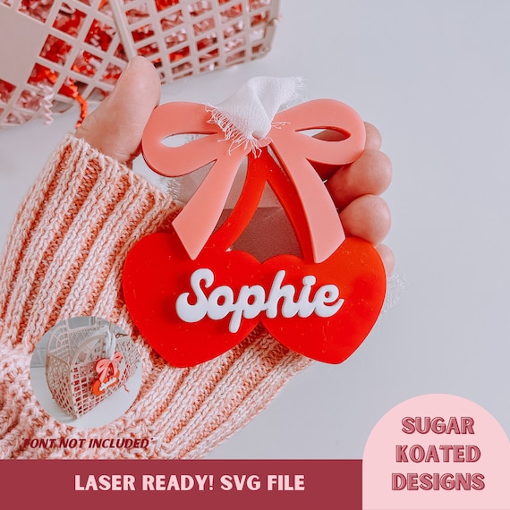 SVG Cherry Heart Tag, Valentine Name Tag, Valentine's SVG, Laser Cut File, Laser Files, Trendy Laser File, Valentine's Tag, Cherry Hearts