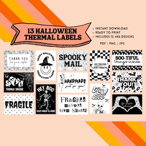 May include: Thirteen black and white Halloween themed thermal labels with various designs including a skeleton, a ghost, a witch, and a heart. The labels are ready to print and include text such as "Spooky Mail", "Boo-tiful things inside", and "Fragile Handle with Care!"