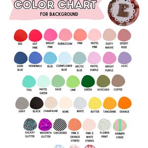 K&ouml;nnte beinhalten: Eine Farbkarte f&uuml;r Hintergr&uuml;nde mit Reihen von einfarbigen Kreisen und gemusterten Kreisen mit Beschriftungen. Die Karte enth&auml;lt Schattierungen von Rot, Pink, Blau, Gr&uuml;n, Gelb, Orange und Neutralt&ouml;nen sowie Glitzer-, Karomuster-, Streifen- und Vichy-Muster.