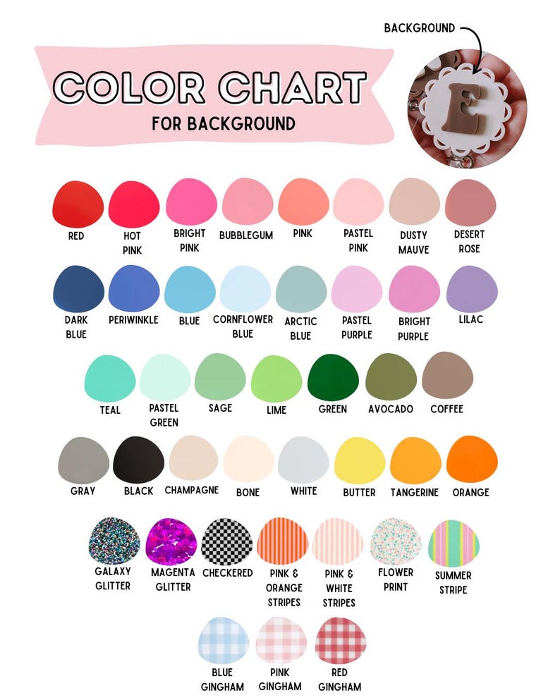 K&ouml;nnte beinhalten: Eine Farbkarte f&uuml;r Hintergr&uuml;nde mit Reihen von einfarbigen Kreisen und gemusterten Kreisen mit Beschriftungen. Die Karte enth&auml;lt Schattierungen von Rot, Pink, Blau, Gr&uuml;n, Gelb, Orange und Neutralt&ouml;nen sowie Glitzer-, Karomuster-, Streifen- und Vichy-Muster.