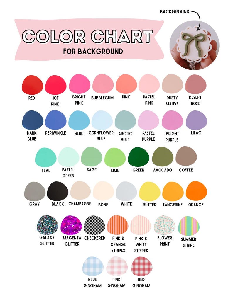 Op de afbeelding: Een kleurenkaart voor achtergronden, met een verscheidenheid aan kleuren en patronen. De kaart bevat effen kleuren zoals rood, blauw en groen, evenals patronen zoals strepen, ruitjes en glitter. De tekst bovenaan luidt "COLOR CHART FOR BACKGROUND."