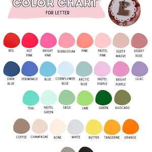 K&ouml;nnte beinhalten: Eine Farbkarte f&uuml;r Buchstaben mit der &Uuml;berschrift COLOR CHART FOR LETTER und einem kreisf&ouml;rmigen Einsatz, der einen braunen Buchstaben E auf einer wei&szlig;en, gewellten Basis zeigt. Darunter befinden sich dreiunddrei&szlig;ig verschiedene Farbfelder mit Bezeichnungen wie Rot, Pink, Blau, Gr&uuml;n und Schwarz.