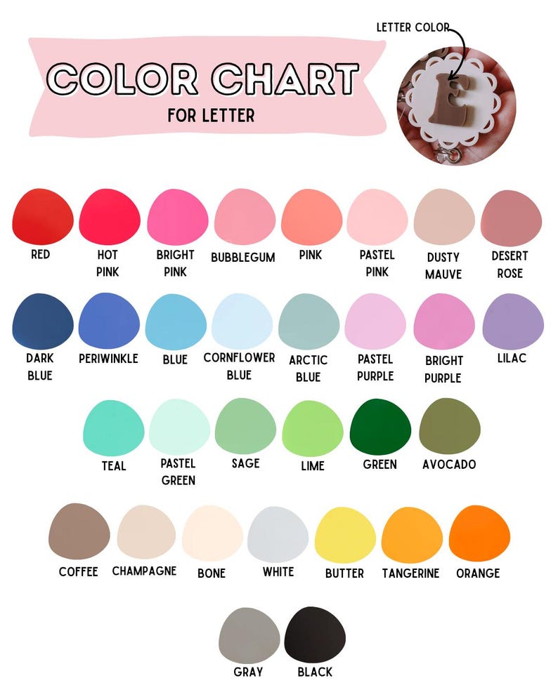 K&ouml;nnte beinhalten: Eine Farbkarte f&uuml;r Buchstaben mit der &Uuml;berschrift COLOR CHART FOR LETTER und einem kreisf&ouml;rmigen Einsatz, der einen braunen Buchstaben E auf einer wei&szlig;en, gewellten Basis zeigt. Darunter befinden sich dreiunddrei&szlig;ig verschiedene Farbfelder mit Bezeichnungen wie Rot, Pink, Blau, Gr&uuml;n und Schwarz.
