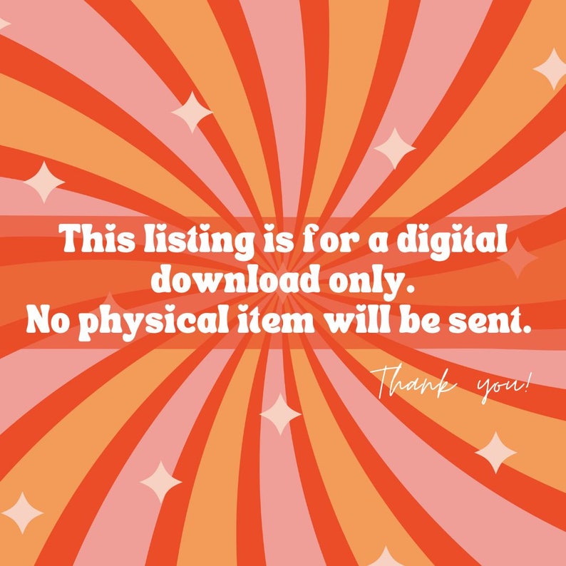 K&ouml;nnte beinhalten: Eine Grafik f&uuml;r einen digitalen Download mit einem gestreiften Hintergrund in Rot, Orange und Rosa. Der Text lautet: "Diese Anzeige ist f&uuml;r einen digitalen Download. Es wird kein physischer Artikel versandt. Danke!"