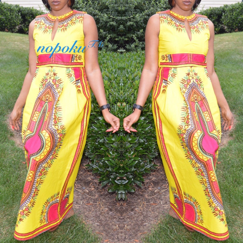 Long dress,Kitenge Dress Yellow Angelina Dress,sleeveless dress,Party Dress,Geometric Print dresses African Print Dress,Dashiki Maxi Dress