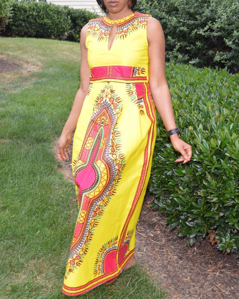 Long dress,Kitenge Dress Yellow Angelina Dress,sleeveless dress,Party Dress,Geometric Print dresses African Print Dress,Dashiki Maxi Dress