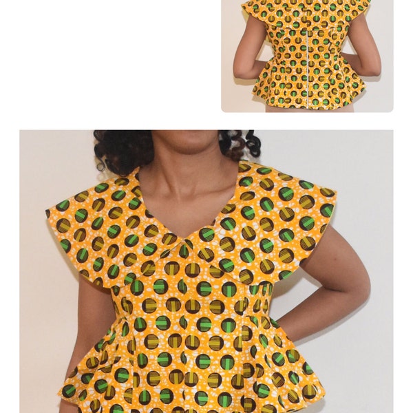 African Print Peplum Top, Ankara Peplum Top, Party Blouse,Yellow African Print Blouse,Kitenge Peplum Top, African Clothing, Women's clothing