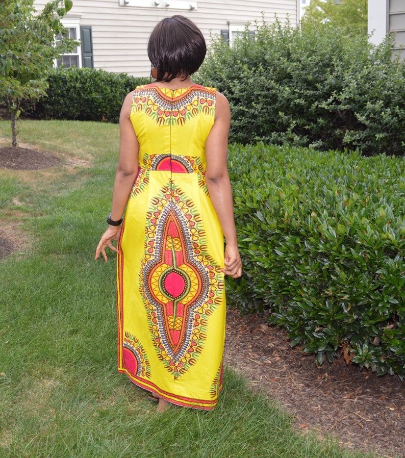 Long dress,Kitenge Dress Yellow Angelina Dress,sleeveless dress,Party Dress,Geometric Print dresses African Print Dress,Dashiki Maxi Dress