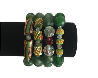 African jewelry, Krobo Bead Bracelet, Green bead bracelets,Stretch Bracelets, Recycled Glass Beads, Artisan bracelets, Gift,Mixed Beads