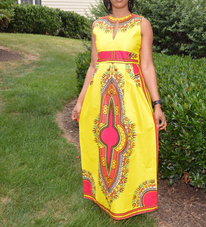 Long dress,Kitenge Dress Yellow Angelina Dress,sleeveless dress,Party Dress,Geometric Print dresses African Print Dress,Dashiki Maxi Dress
