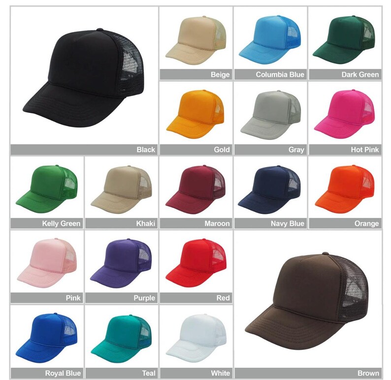 May include: A collection of 18 trucker hats in various colors, including black, white, red, blue, green, pink, orange, brown, gold, gray, beige, maroon, navy blue, kelly green, khaki, purple, teal, and hot pink. The hats are all made of a mesh fabric with a solid colored front panel and a mesh back panel.