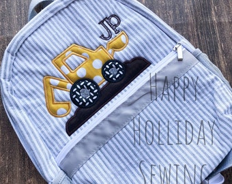 Tractor Applique Gray Seersucker Backpack