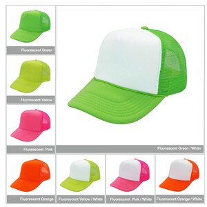 May include: A set of 10 trucker hats in various fluorescent colors. The hats are made of a white mesh material with a solid colored front panel. The colors include fluorescent green, yellow, pink, and orange. Some hats have a white front panel with a fluorescent colored brim.
