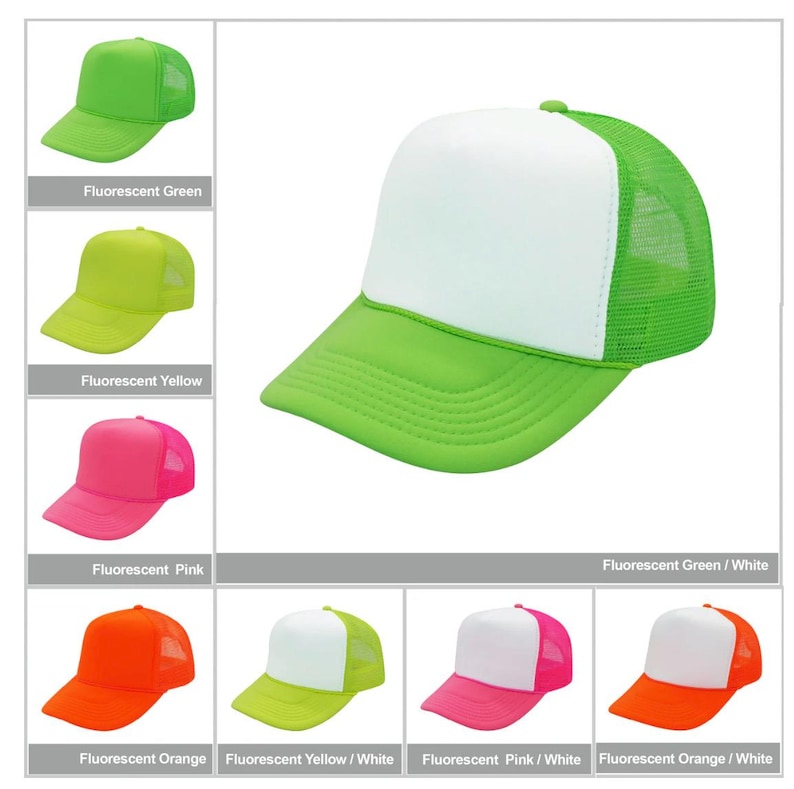 May include: A set of 10 trucker hats in various fluorescent colors. The hats are made of a white mesh material with a solid colored front panel. The colors include fluorescent green, yellow, pink, and orange. Some hats have a white front panel with a fluorescent colored brim.