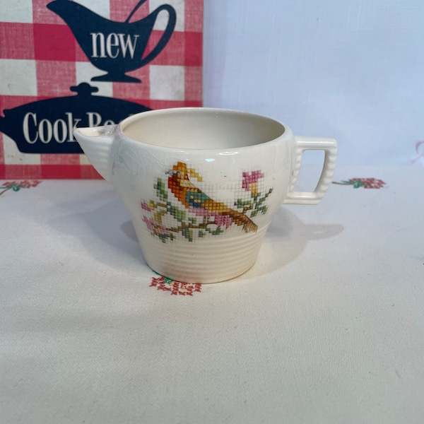 Leigh Ware by Leigh Potters Creamer Pitcher with Cross Stitch Bird