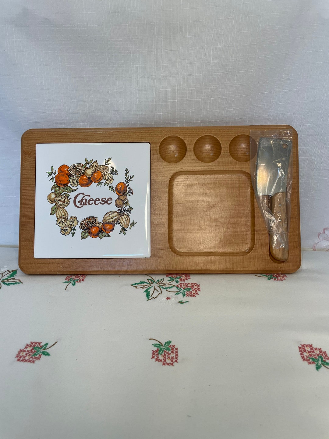 Vintage Cheese Board and Tile With Cheese Knife, Charcuterie, Cheese