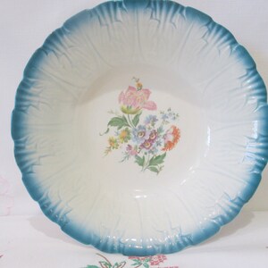 Homer Laughlin Serving Bowl with Teal Flower Petal Edge and Floral Center