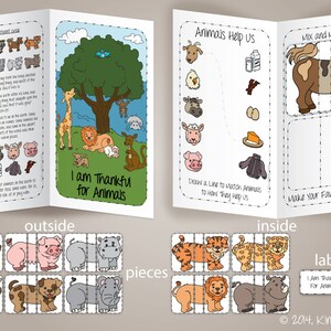 May include: A printable activity booklet for kids featuring a colorful illustration of animals and a tree. The booklet includes activities like matching animals to their contributions, drawing lines, and creating your own animals. The text on the cover reads "I am Thankful for Animals".