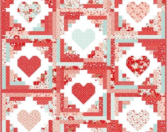Patrón de edredón Quilty Cabins de 6 tamaños, DESCARGA DIGITAL en PDF, Bloques de cabañas de troncos con corazones, Manta para bebé tamaño queen-king, Edredones Busy Hands