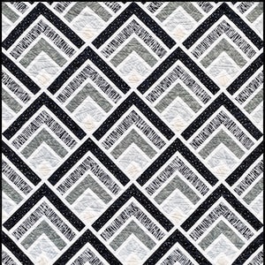 May include: A black and white geometric quilt with a repeating pattern of overlapping squares and triangles. The quilt is made with a variety of fabrics, including black, white, and grey. The quilt is quilted with a simple stitch pattern. The quilt is labelled "Busy Hands Quilts" in the bottom right corner.