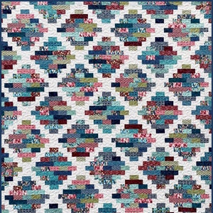 May include: A quilt with a geometric pattern in shades of blue, green, red, and white. The quilt is made up of small squares and rectangles, and the pattern is repeated throughout the quilt. The quilt is edged with a blue border.