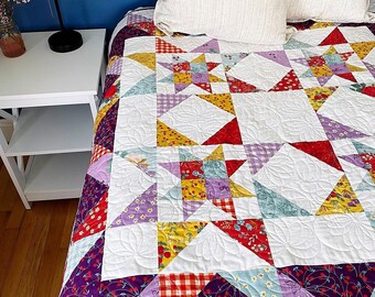6 Sizes Hometown Stars Quilt Pattern PRINTED, FQ or Charm Squares, Baby Lap Throw Large Throw Twin Full Queen King, Busy Hands Quilts