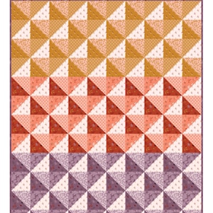 May include: A quilt pattern called "Horizon" with a geometric design of triangles in shades of orange, pink, and purple. The quilt is available in baby, lap, throw, twin, queen, and king sizes. The text "BUSY HANDS QUILTS" is at the bottom of the image.