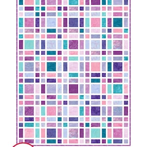 May include: A quilt pattern titled "Snappy Squares" with a grid design of squares and rectangles in shades of purple, pink, and teal. The pattern includes 9 sizes and is layer cake and fat quarter friendly. The Busy Hands Quilts logo is in the lower left.
