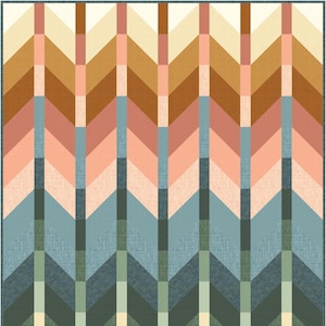 May include: A geometric quilt pattern with a chevron design in shades of brown, pink, blue, and green. The quilt is made up of multiple rows of triangles, creating a visually appealing and modern design.