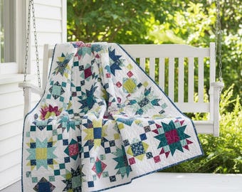 4 Sizes Summer on the Porch Quilt Pattern, PDF DIGITAL Download, Throw Twin Queen King, FQ Quilt Patterns, Star Quilt Patterns, Myra Barnes